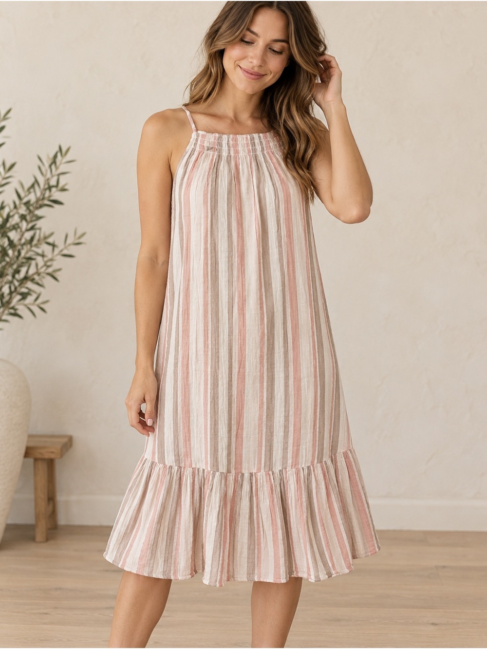 BeachLunchLounge Striped Ruffle Hem Midi Dress Pink Taupe Size Small